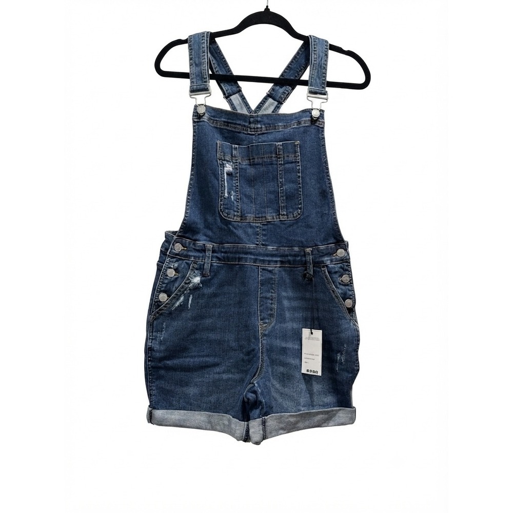 Judy Blue Distressed Denim Shortalls Medium Wash Cuffed Jean Overalls Size L